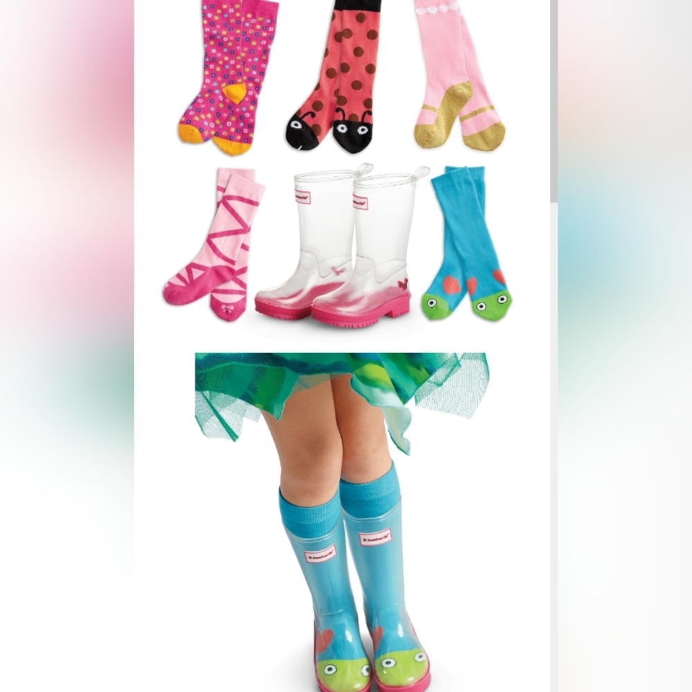 American girl doll Wellie Wisher Rain boots with all 5 pairs of socks size 1/2